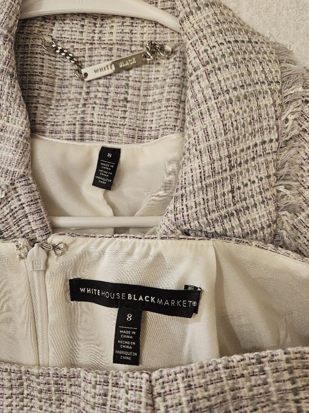 White House Black Market Lilac Tweed Skirt Blazer Set Fringe Pencil Skirt Sz 8 - Picture 8 of 12